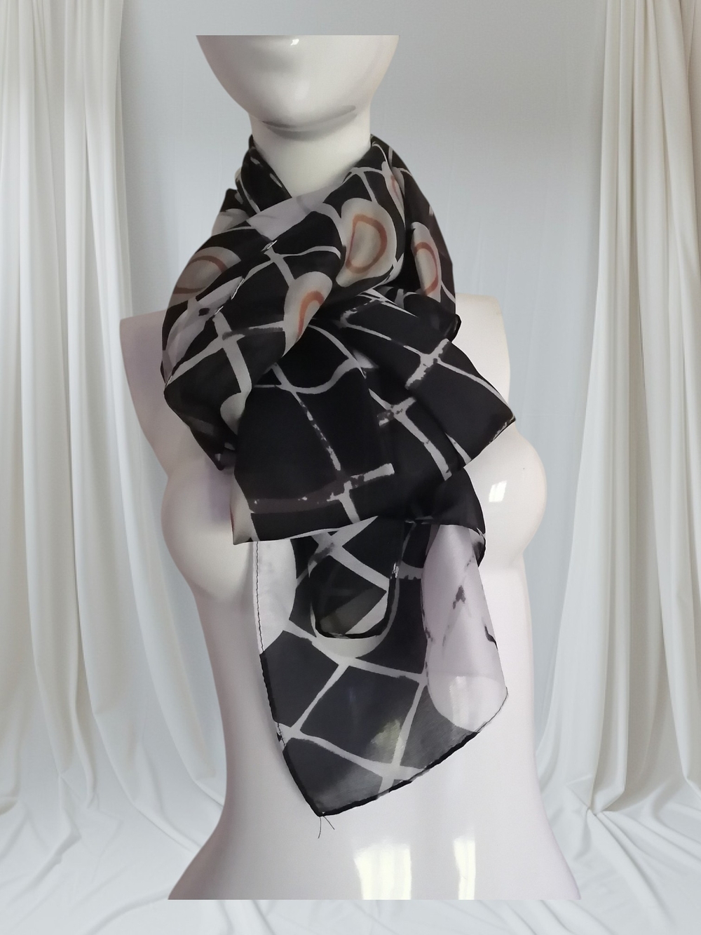 100% silk Black Floral Grid Lightweight Women's Wrap Scarf long 69 in
